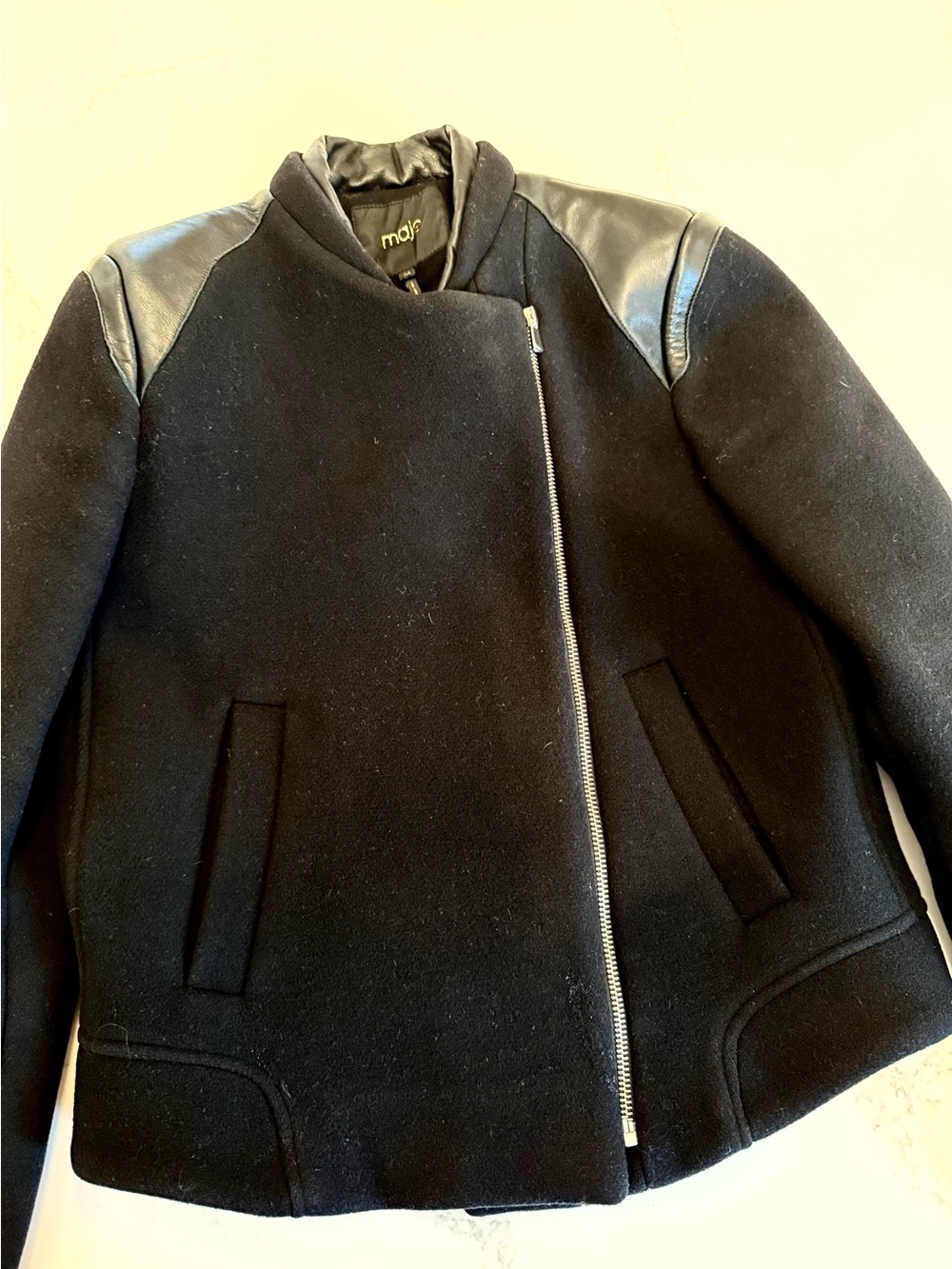 Maje Black Wool Moto Jacket with Leather Shoulder Panels size 38